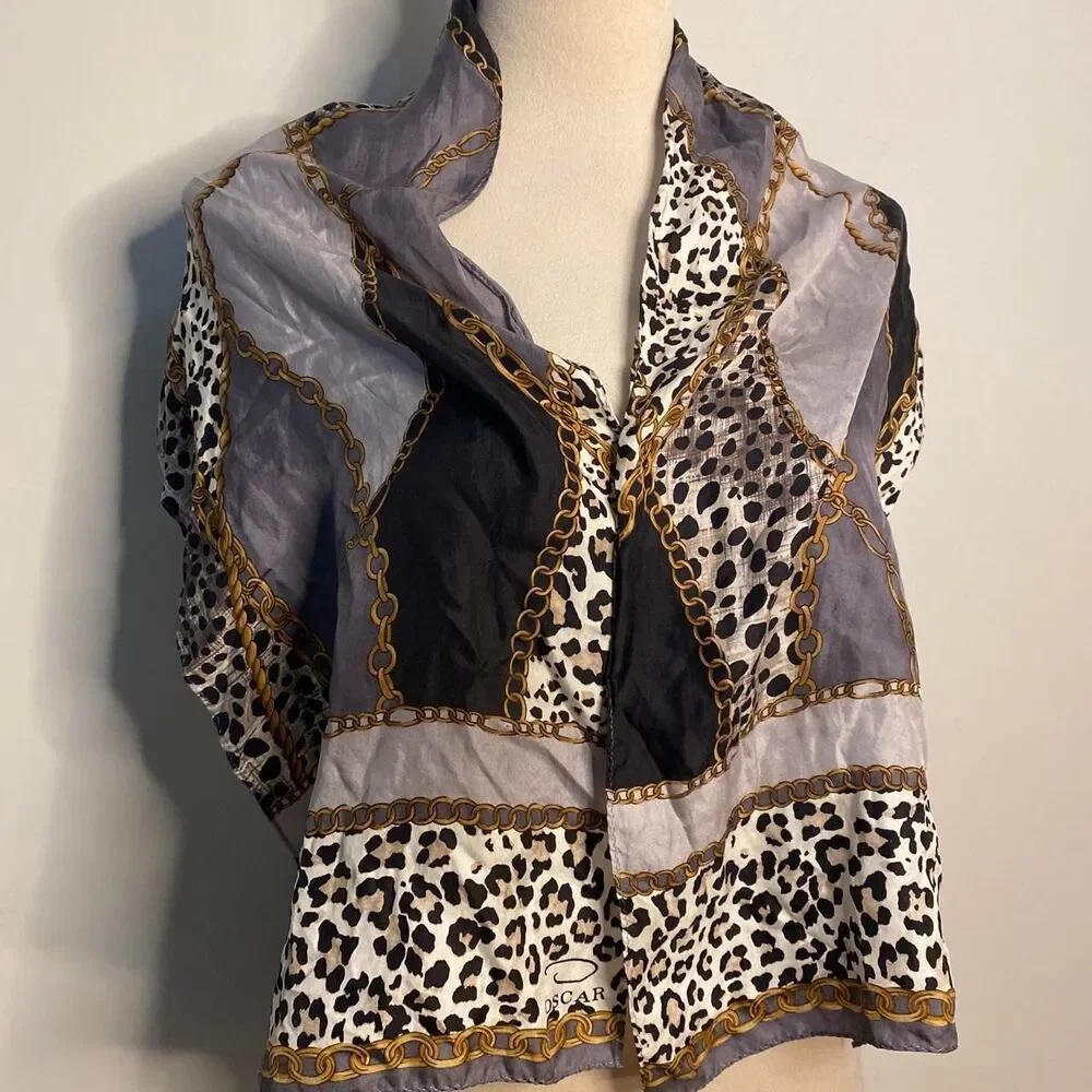 y2k Oscar de la Renta silk leopard print scarf with gold chain print